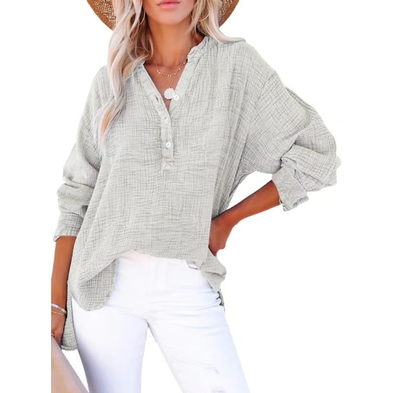 Limited time sale🔥Womens Casual Gauze Button Neck Long Sleeve Oversized BlousesTops