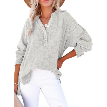 Limited time sale🔥Womens Casual Gauze Button Neck Long Sleeve Oversized BlousesTops
