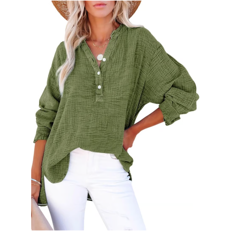 Limited time sale🔥Womens Casual Gauze Button Neck Long Sleeve Oversized BlousesTops