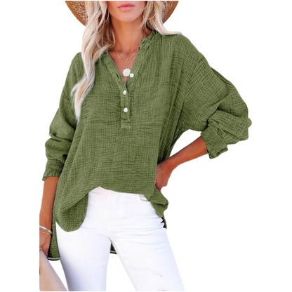 Limited time sale🔥Womens Casual Gauze Button Neck Long Sleeve Oversized BlousesTops