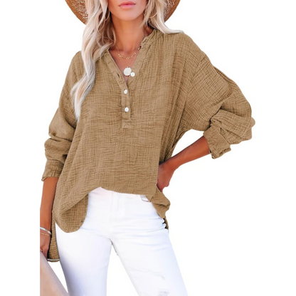 Limited time sale🔥Womens Casual Gauze Button Neck Long Sleeve Oversized BlousesTops