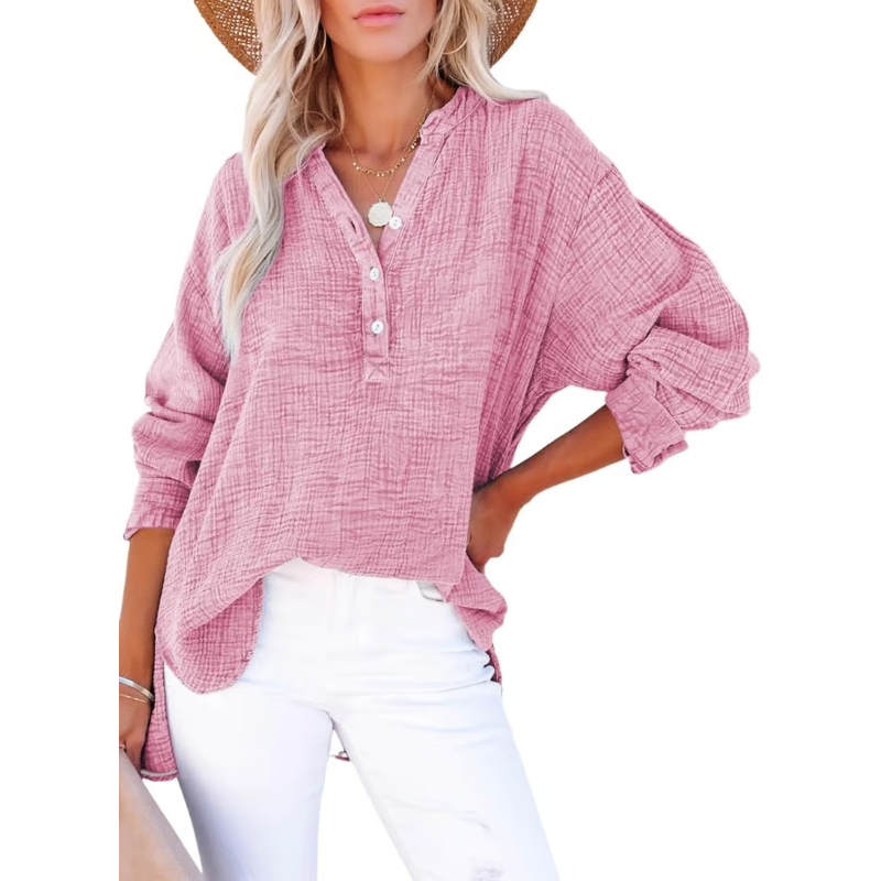 Limited time sale🔥Womens Casual Gauze Button Neck Long Sleeve Oversized BlousesTops