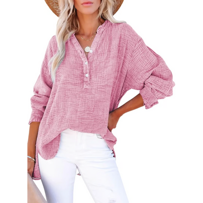 Limited time sale🔥Womens Casual Gauze Button Neck Long Sleeve Oversized BlousesTops