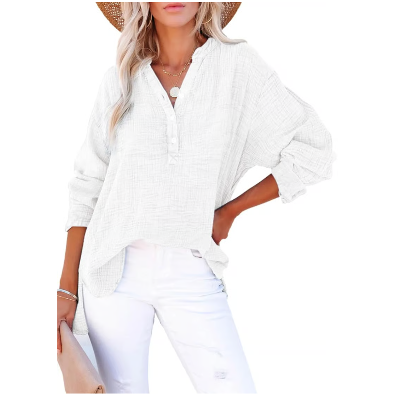 Limited time sale🔥Womens Casual Gauze Button Neck Long Sleeve Oversized BlousesTops