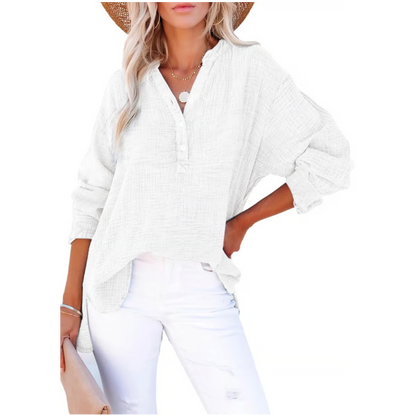 Limited time sale🔥Womens Casual Gauze Button Neck Long Sleeve Oversized BlousesTops