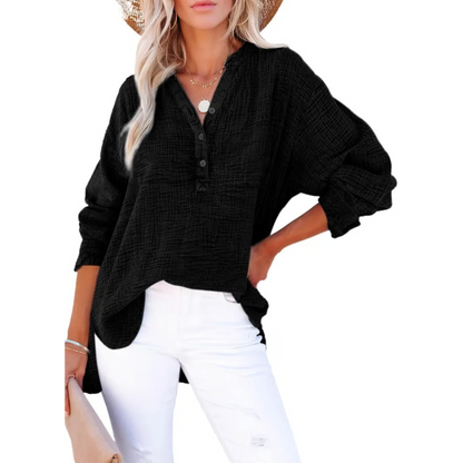 Limited time sale🔥Womens Casual Gauze Button Neck Long Sleeve Oversized BlousesTops