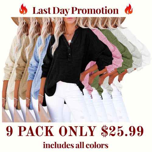 Limited time sale🔥Womens Casual Gauze Button Neck Long Sleeve Oversized BlousesTops