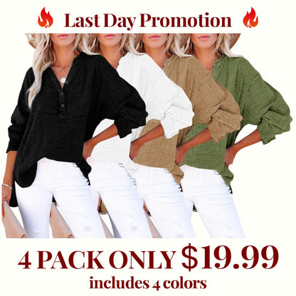 Limited time sale🔥Womens Casual Gauze Button Neck Long Sleeve Oversized BlousesTops