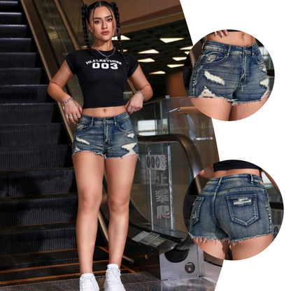 Women's Denim Shorts — Frayed Hem, With Pockets
