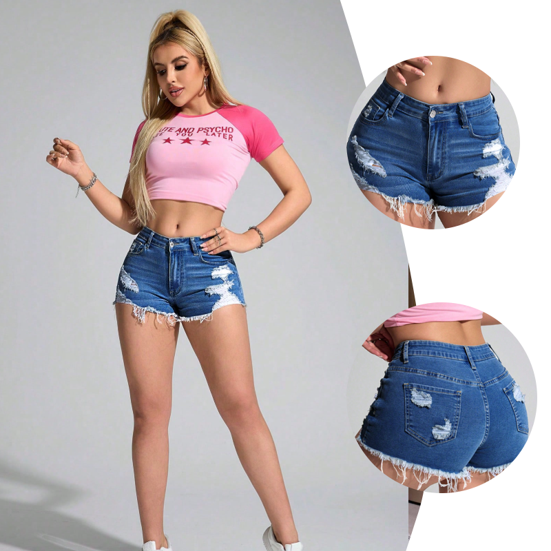 Women's Denim Shorts — Frayed Hem, With Pockets