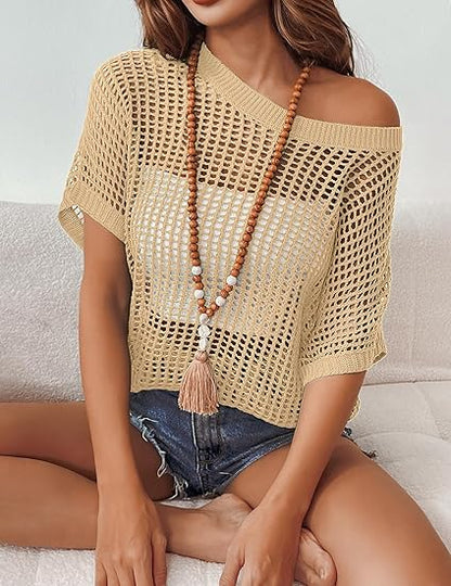 Short Sleeve Crochet Sweater Lightweight Summer Tops Loose Hollow Out Crewneck Pullover
