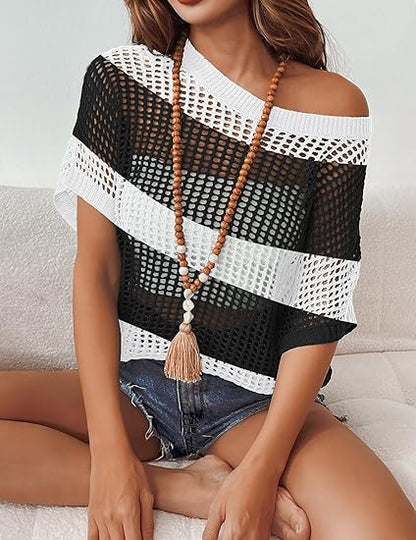 Short Sleeve Crochet Sweater Lightweight Summer Tops Loose Hollow Out Crewneck Pullover