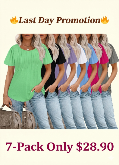 🔥Last day promotion🔥Womens T Shirts Short Sleeve Pleated Dressy Casual Scooped Neck Summer Tops Blouses