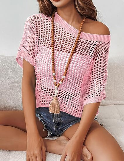 Short Sleeve Crochet Sweater Lightweight Summer Tops Loose Hollow Out Crewneck Pullover