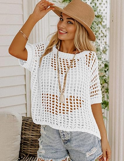 Short Sleeve Crochet Sweater Lightweight Summer Tops Loose Hollow Out Crewneck Pullover