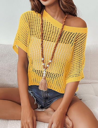 Short Sleeve Crochet Sweater Lightweight Summer Tops Loose Hollow Out Crewneck Pullover